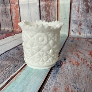Vintage White Milk Glass Toothpick Holder Daisy and Button Sawtooth Rim 4in